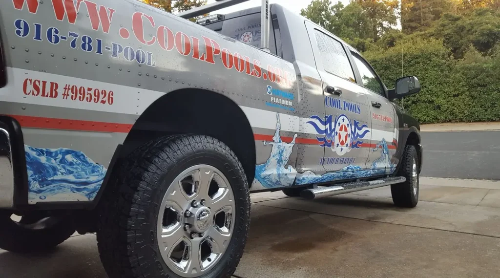 Cool Pools, Inc. Truck with Branding wrap CSLB # on it