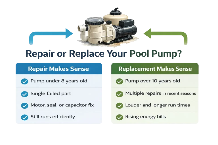 Comparison graphic showing when pool pump repair makes sense versus when replacement is the better option