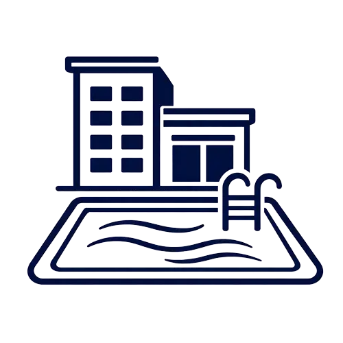 Minimal vector icon of large swimming pool with building silhouette for commercial maintenance