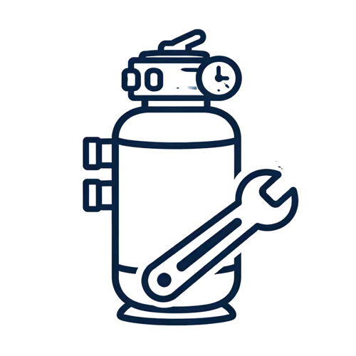 Minimal vector icon of vertical pool filter tank with pressure gauge and wrench