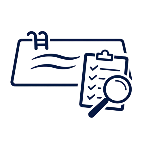 Minimal vector icon of swimming pool with clipboard checklist and magnifying glass for inspection