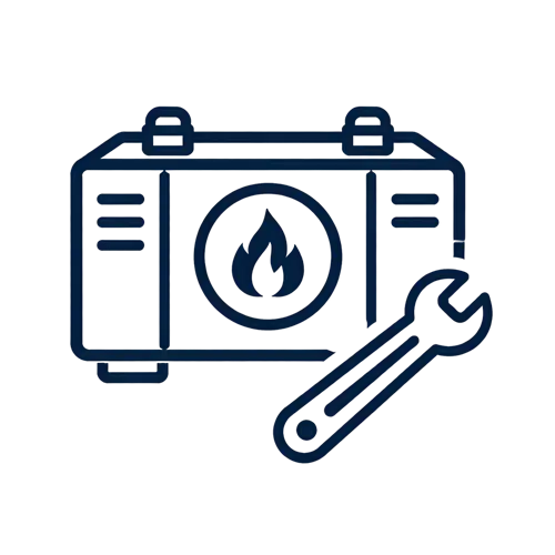 Minimal vector icon of pool heater unit with flame symbol and wrench for heater repair