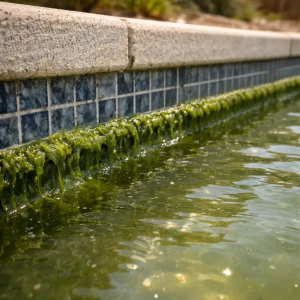 Thick green algae growth along residential pool waterline caused by Rocklin summer heat and hard water
