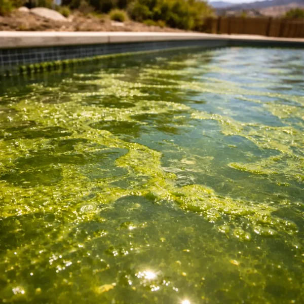 Green algae spreading rapidly across a pool surface during a hot Rocklin summer