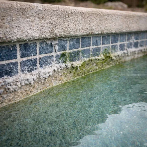 White calcium scale and algae staining on a neglected pool wall surface
