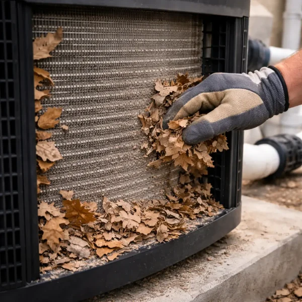 Oak leaf debris clogging a pool heat pump evaporator coil in Rocklin