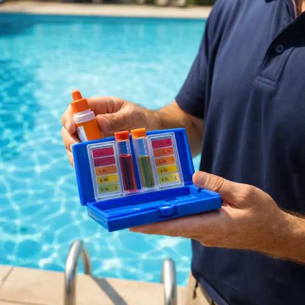Pool technician testing water chemistry at a commercial pool in Rocklin, California