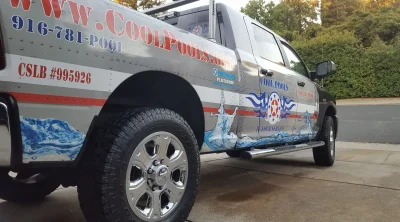 Cool Pools, Inc. Truck with Branding wrap CSLB # on it