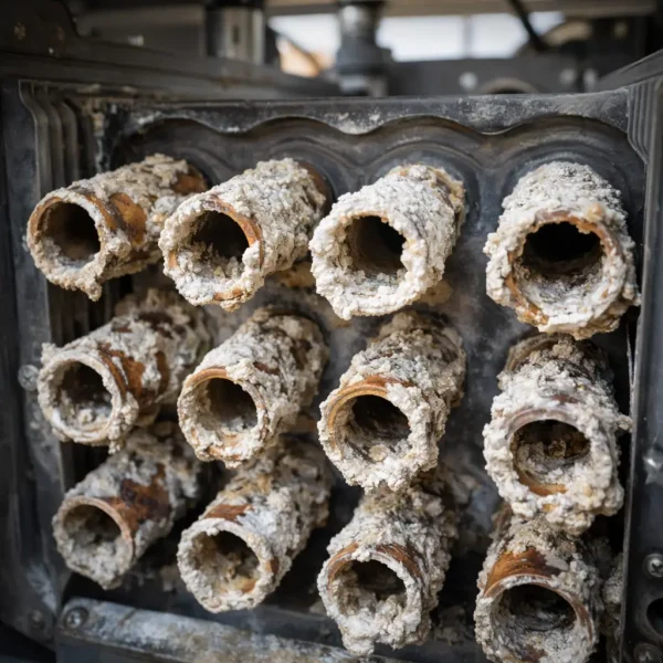 Calcium scale buildup inside a pool heater heat exchanger caused by Rocklin hard water