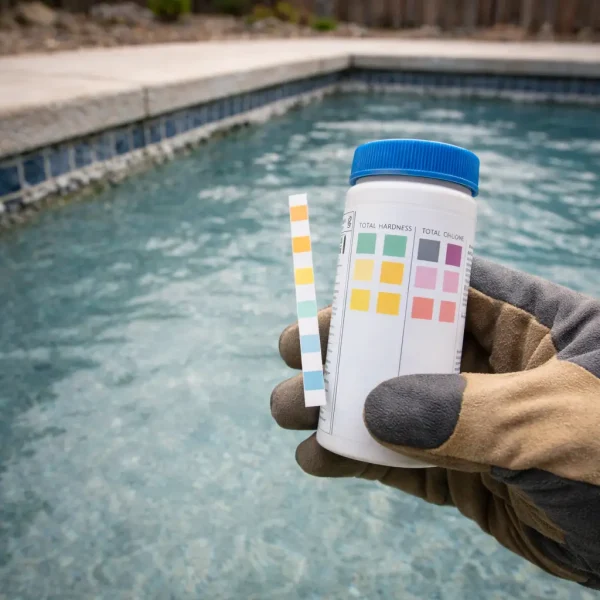 Testing high TDS and hard water levels in a Rocklin residential pool with visible calcium scale buildup