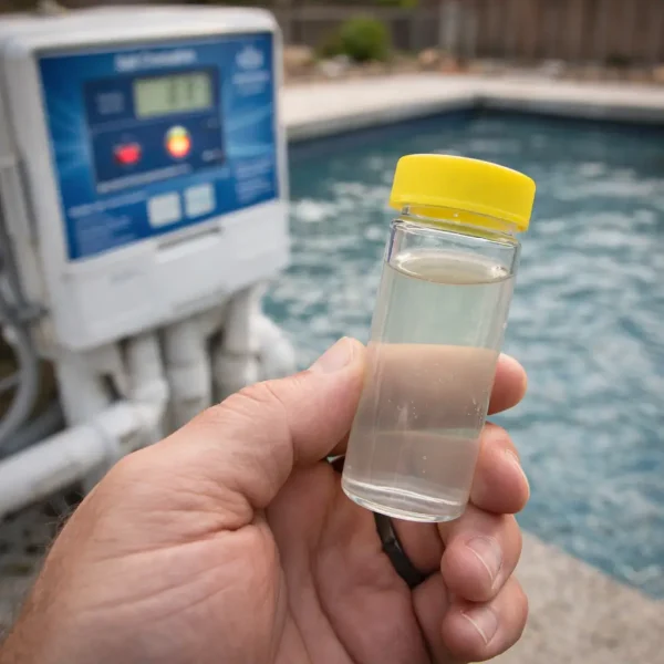 Testing cloudy pool water caused by low salt levels near a saltwater chlorinator system