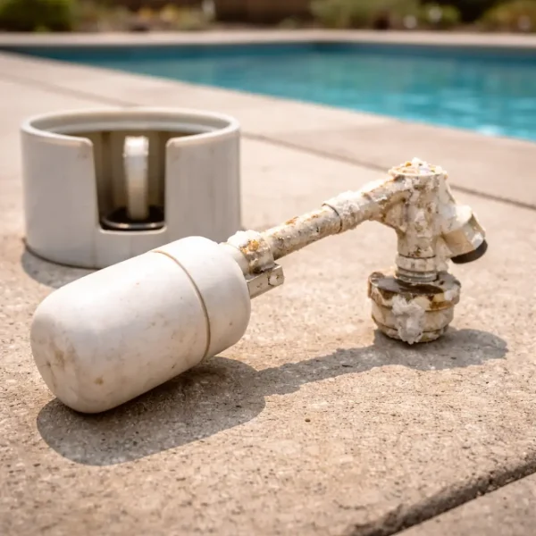 Pool auto fill float valve with mineral buildup causing failure