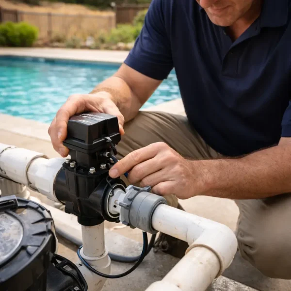 Technician inspecting a pool automation actuator and sensor near pool equipment in Rocklin, California