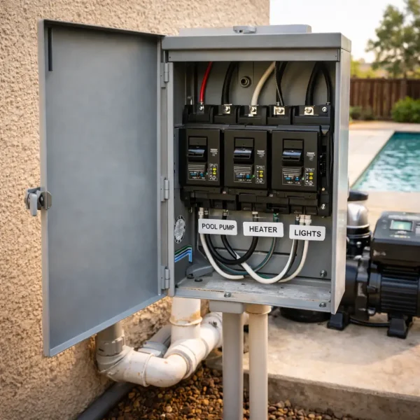 Pool electrical subpanel with dedicated breakers for pool pump, heater, and lighting equipment