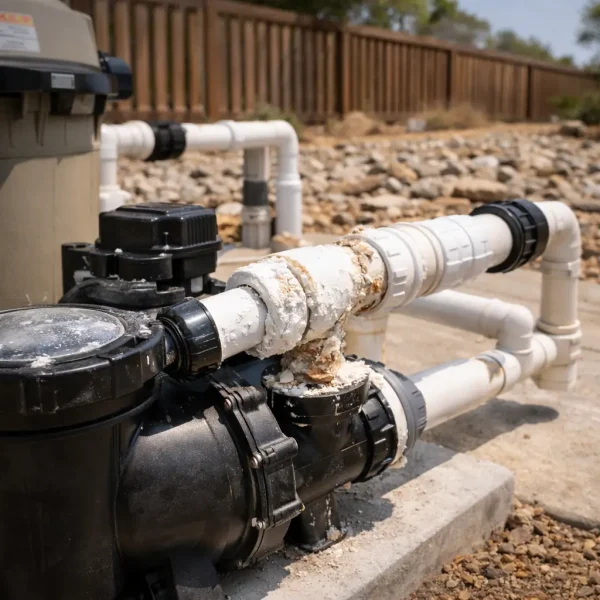 Pool pump and filter system with calcium buildup requiring diagnostic service in Rocklin