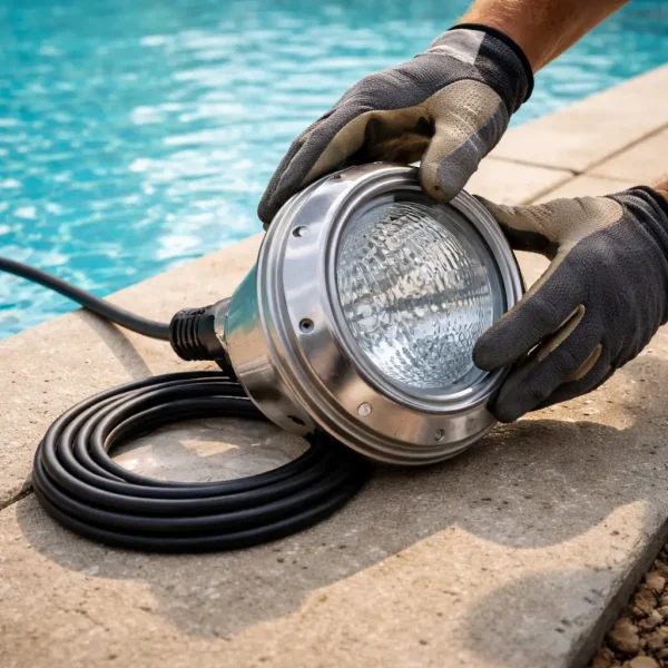 Pool light fixture pulled onto the deck for repair without draining the pool