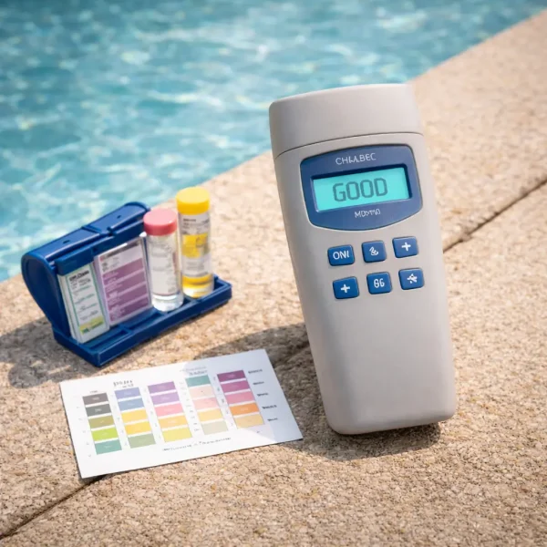 Professional pool water testing equipment compared to basic home test strips