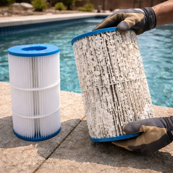 Calcium and mineral buildup on a pool filter caused by Rocklin hard water