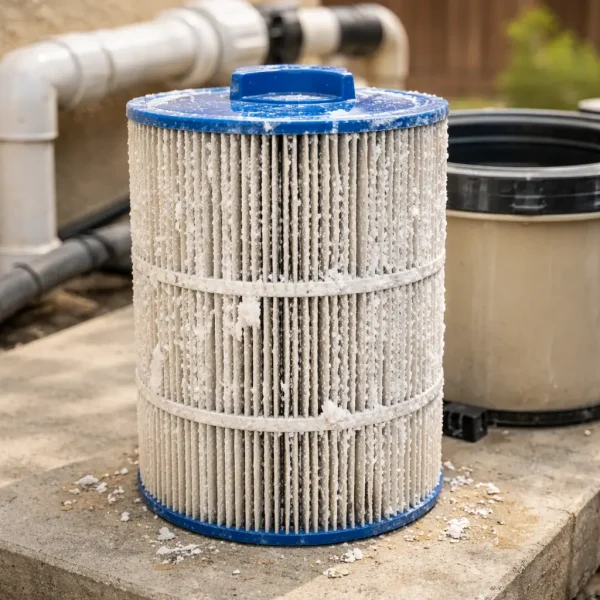Calcium buildup on a pool filter cartridge caused by Rocklin hard water