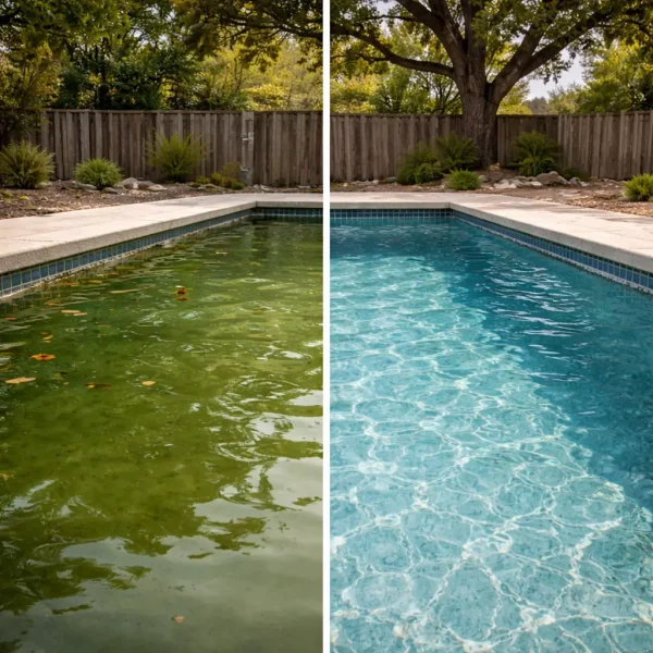Before and after view of a Rocklin residential pool restored from green and neglected to clear swim-ready water in one cleaning visit