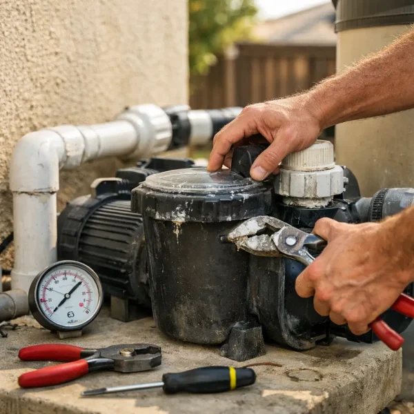 Pool equipment inspection in Rocklin showing pump and filter system check