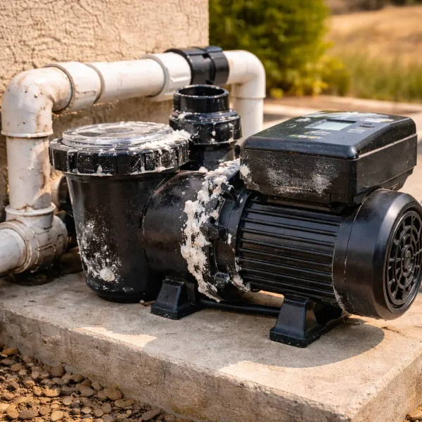 Scale buildup on a pool motor and pump housing caused by hard water in Rocklin, CA
