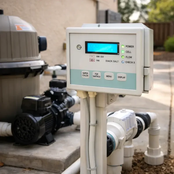 Saltwater chlorine generator control panel and pool equipment pad at a residential property in Rocklin, CA