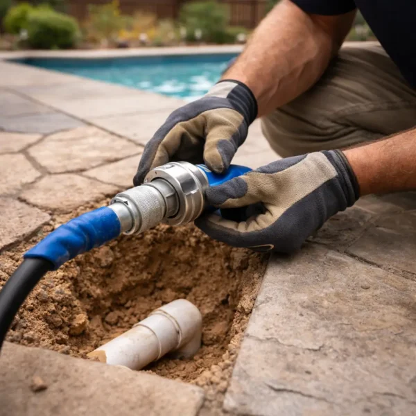 Trenchless pool pipe repair performed without digging up a stamped concrete deck in a Rocklin backyard