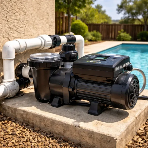 New variable-speed pool pump installed on a concrete equipment pad next to a residential swimming pool