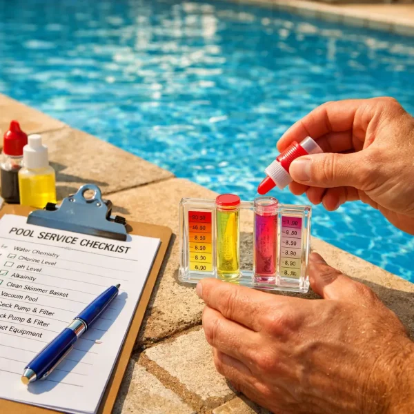 Pool technician testing pool water chemistry during weekly pool service in Rocklin, CA