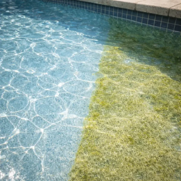 Clean pool floor contrasted with early algae growth showing why weekly vacuuming matters