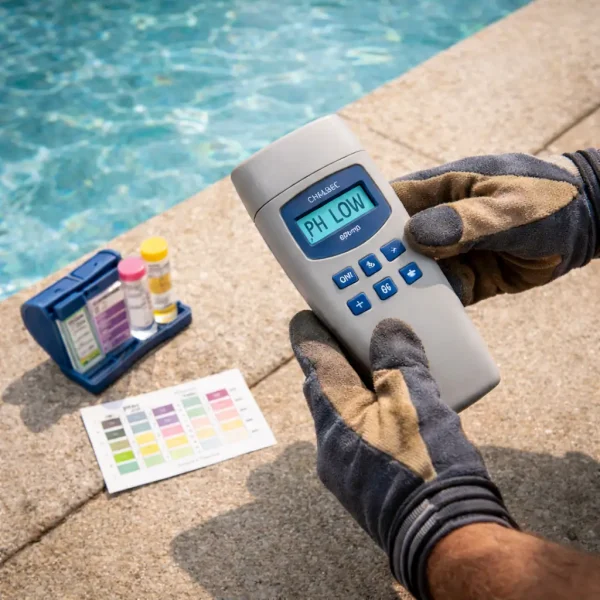 Weekly digital pool water testing to prevent equipment damage and maintain balanced chemistry